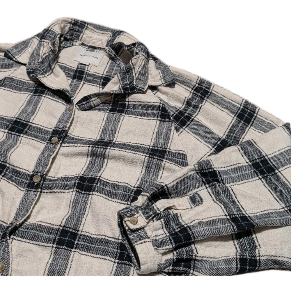 American Eagle Flannel Women S Cream Black Plaid Oversized Balloon Sleeve Grunge